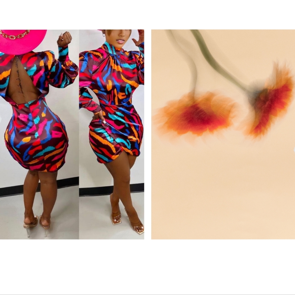 Abstract Print Long Sleeve Backless Bodycon Dress